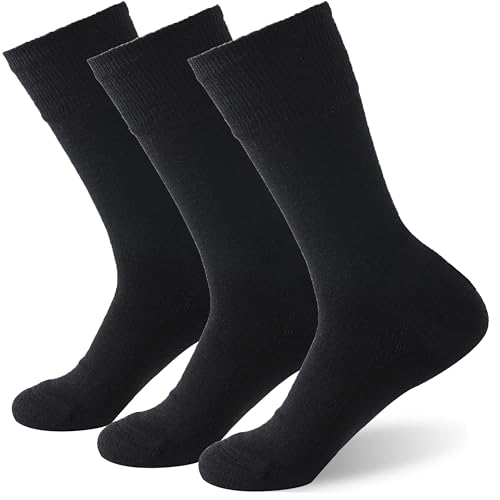Forcool Men's Women's Merino Wool Non Binding Loose Top Extra Wide Calf Large Cushion Diabetic Socks Dress Crew Socks with Seamless Toe, X Large 3 Pairs Black -  3FODCSW005XL