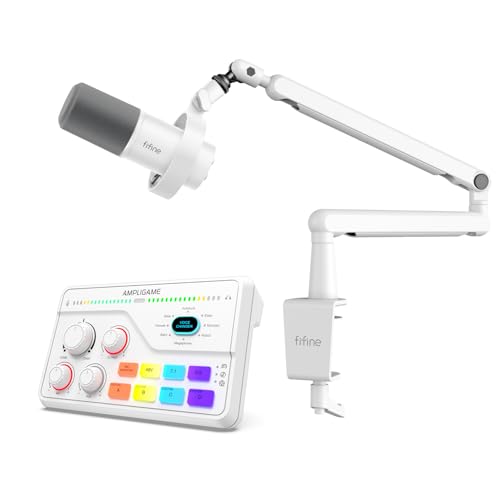 FIFINE Recording Microphone with Audio Mixer and Low Profile Arm Stand Bundle, Podcast Mic with Metal Boom Arm, Audio Mixer with 48V Phantom Power for Gaming Studio-K688W+BM88W+SC8W