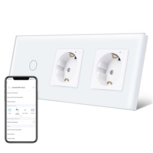 TAWOIA Schuko Smart Light Switch Single 1-Way with WiFi Socket, 2 Compartments, 16A, App Control