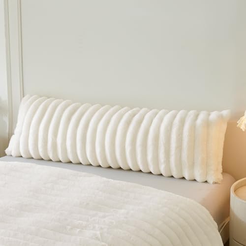 MEGO Fluffy Faux Rabbit Fur Body Pillow Cover Cozy Plush Fuzzy Wide Striped 20x54 Ivory Body Pillowcase Decorative Shaggy Furry Zippered Bedroom Long Pillow Cover for Pregnancy Side Sleeper Beige
