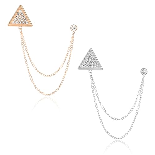 Image of 2PCS Crystal Hanging Chain Brooch Suit Pin for Men Women Vintage Crown Cross Star Diamond Broochs Gold and Silver Wedding Brooch for Clothes Dress Hats Bags Accessory