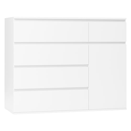 FOREHILL Kommode weiß mit 5 Schubladen und 1 Tür Sideboard 100cm Komodenschrank für Schlafzimmer, Wohnzimmer, Arbeitszimmer, Flur Schubladenschrank 100x40x80cm