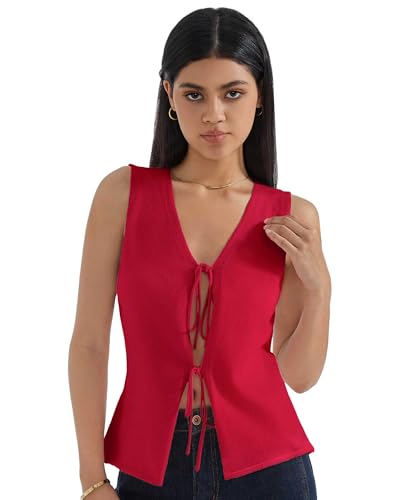 SUUKSESS Women Tie Front Top Sweater Vest Summer Vacation Outfits Trendy Tops Vest Y2K Tank Tops2