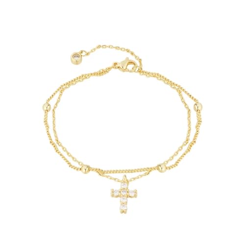 Bracelet perles de cristal double couche chaîne cuivre croix dorée bijoux femmes