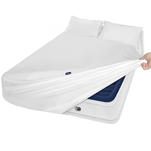 Image of Moonsea Extra Deep Pocket Air Mattress White Sheets Twin Size - 3Pcs Side Storage Pocket Fitted Sheet & Pillowcase Twin Deep Pocket Sheet Sets Easily Fits for Kids 16in to 24in Pillow Top Air Bed