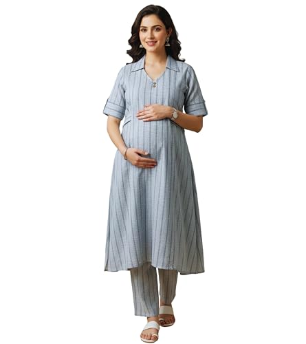 Image of DUMMY SHAPE Feeding Dresses for Women Full Set | Cotton Blend Maternity Kurta Pant Suit with Dual Nursing Zippers, Side Pocket to Pre & Post Pregnancy | Mom to Be Gifts