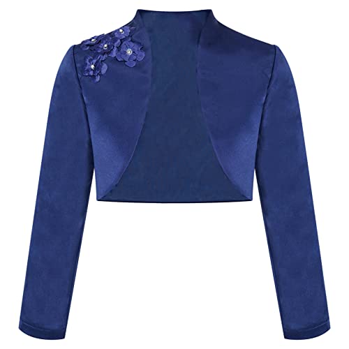 Zaldita Enfant Fille Boléro Gilet à Manches Longues Satin Cardigan Boléro Demoiselle d'honneur Mariage Baptême Cérémonie Blazer Manteau Soirée 4-14 Ans Bleu 9-10 Ans Cover