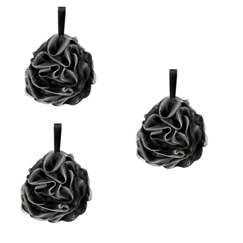 3個 シャワーボール 入浴用アクセサリー ヘチマ シャワーメッシュパフ ロウファ ボ ラバー ふた付き便器バケツ バスルームアクセサリー メッシュネットボール Black