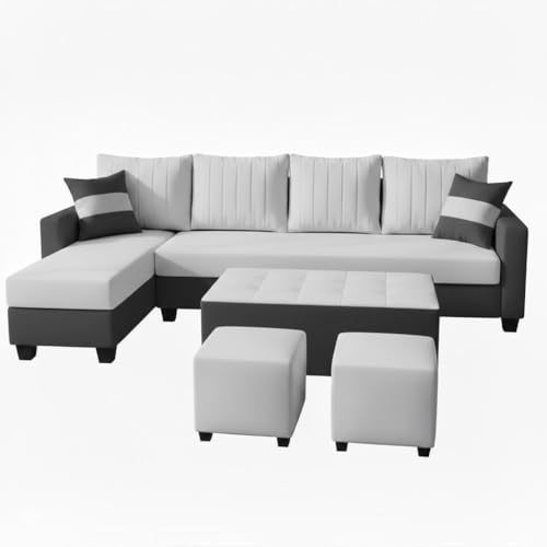 Image of FURNY Avenue 8 Seater Fabric LHS L Shape Sofa Set with 1 Centre Table & 2 Puffy (Light Grey-Dark Grey) Premium Velvet Finish