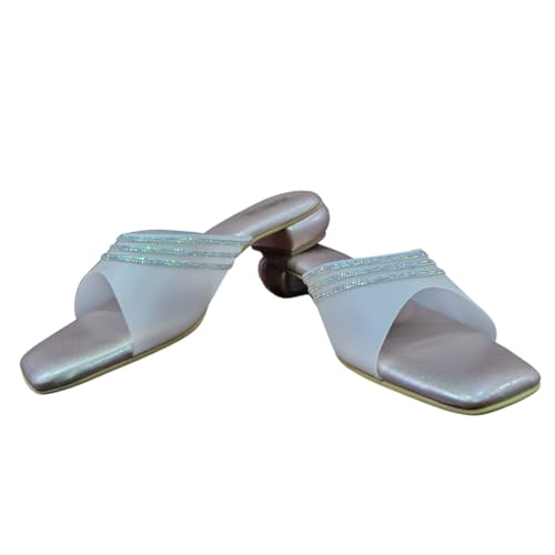 Image of Women's Rhinestone Embellished Block Heel Sandals | Elegant Open Toe Slip-On Heels | Cushioned Metallic Footbed | Lightweight Party & Occasion Footwear