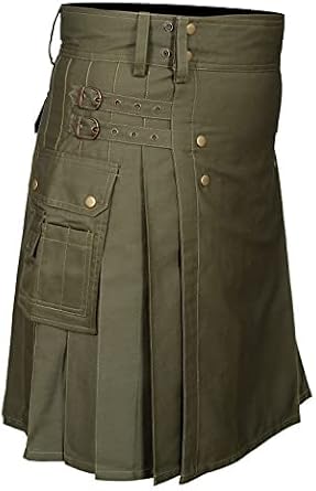 Kilts for Men Utility Kilt Cotton Cargo Pockets Belly Button Measurements 46, Olive Green