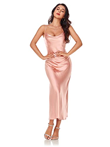 Image of Women's Spaghetti Strap Midi Satin Silk Dresses Slip Cowl Neck Party Cocktail Evening Sexy Dress