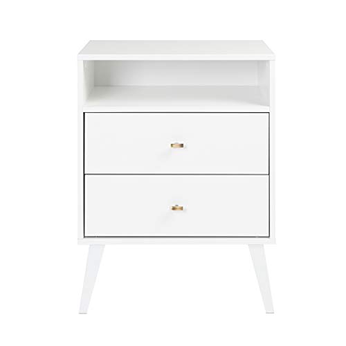 Prepac Milo Mid-Century Modern 2 Drawer Nightstand With Open Shelf, 16"D X 22.5"W X 29.5"H, White #TOP3