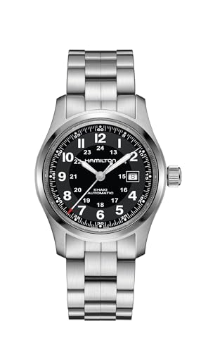 Image of Hamilton Khaki Field Automatic Men's Watch, 42mm Stainless Steel Case, Swiss Made, Black Dial Analog Wrist Watch for Men, 100m Waterproof, Sapphire Crystal, 3-Hand Movement, Stainless Steel Strap