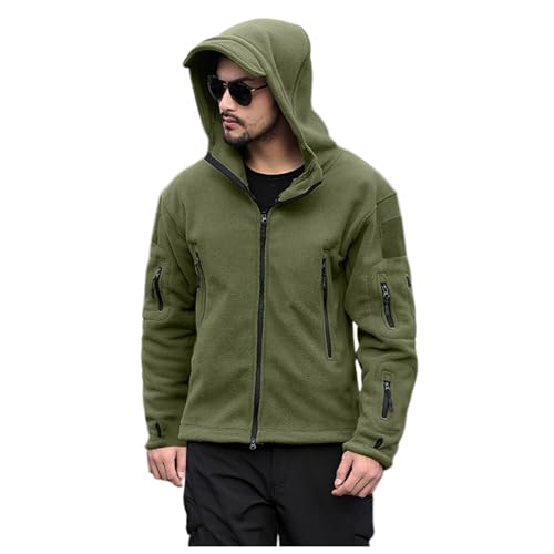 Herren Fleecejacke Military Outdoor Winddichte Jacke mit Kapuze Outdoor Fleecejacken für Herren L-4XL (001 Grün, L)