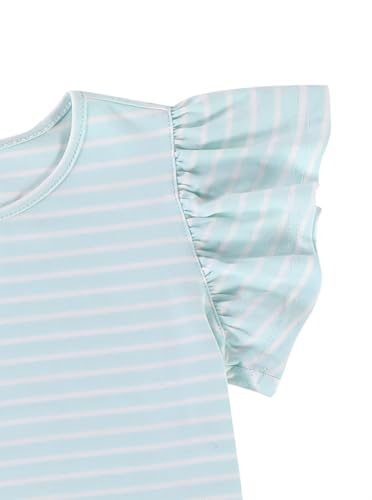 Image of Girls Striped Shirt Flutter Sleeve Top Crewneck Cute Summer T Shirts Casual Tees Blue Stripe 13-14 Years