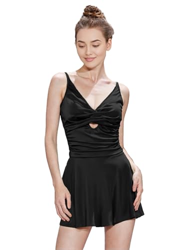 Image of IFFEI Mommy and Me Swimsuits V Neck Cutout Two Piece Swim Dress Tummy Control Tankini Bathing Suit Swimwear with Bottom