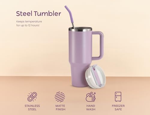 Image of KooK Stainless Steel Tumbler, with Straw and Handle, Leakproof, Vacuum Insulated Travel Coffee Mug, Reusable Double Walled Water Bottle, Keeps Hot or Cold, 40 oz, Lilac