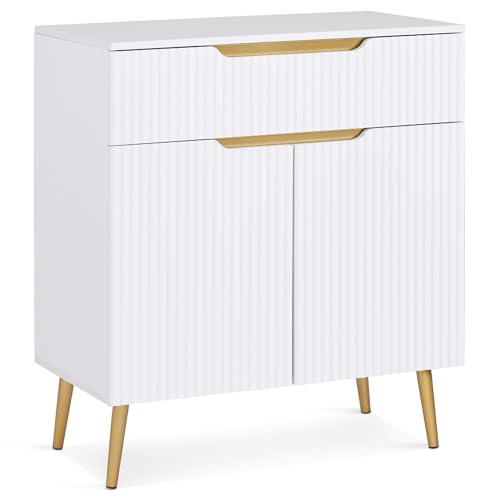 BarberPub Barber Station with Drawer & Cabinet, Beauty Salon White Storage Organizer with Concave Fluted Wall, Modern SPA Freestanding Equipment 3196 (White)