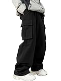 Verdusa Men's Pocket Side Drawstring Elastic Waist Loose Wide Leg Cargo Pants Black L