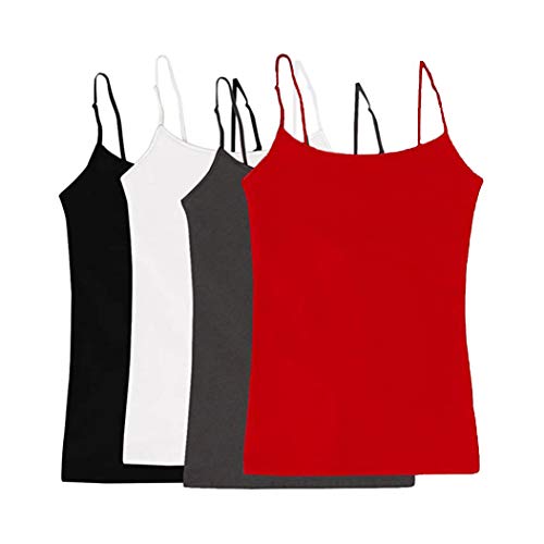 Simlu Women's Camisole Built-in Shelf Bra Adjustable Spaghetti Straps Tank Top Pack 4 Pk Black White Charcoal Red Large