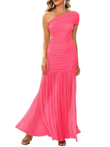 LAGSHIAN Women's Elegant Formal Long Dress One Shoulder Sleeveless Ruched Bodycon Evening Dress Fluopink