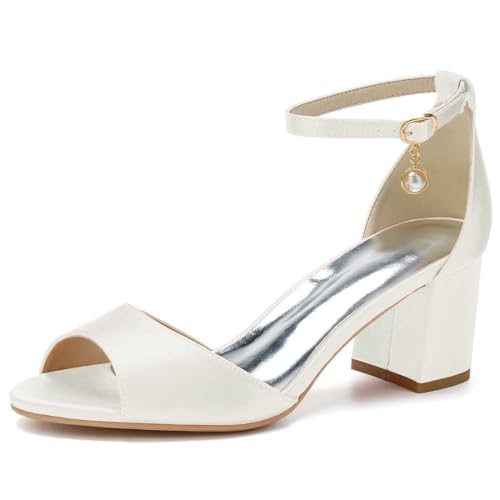 Womens Wedding Shoes Women's Low Block Heel Sandals Chunky Buckle Peep Toe Wedding Dress Shoes Low Heel Comfortable Pump Sandals Satin Evening(Ivory,7)