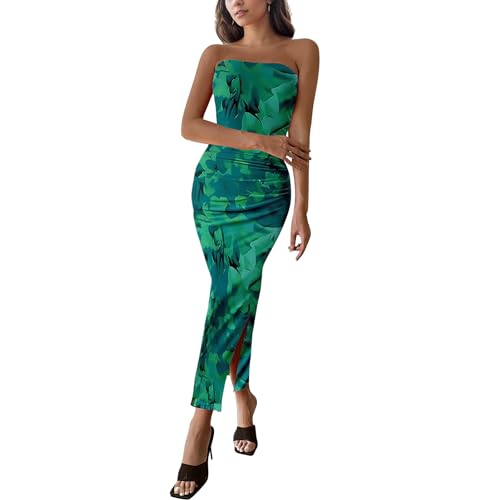 Image of Women's Tube Top Maxi Dresses Printed Tie Dye Strapless Bodycon Long Dress Split Side Sleeveless Party Elegant Outfits
