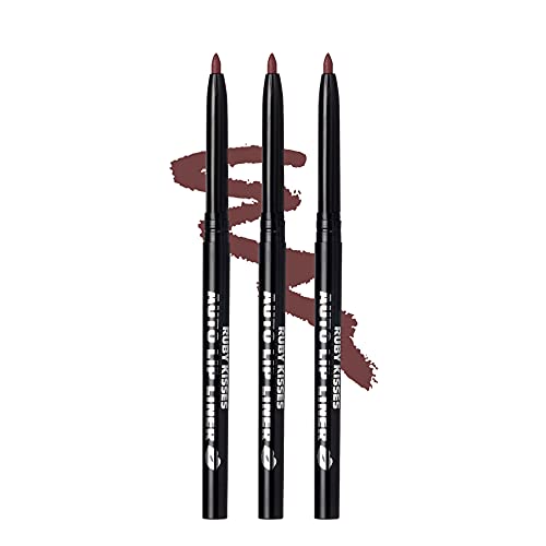 Ruby Kisses Auto Lip Liner Pencil (Cocoa 3 Pack), Long Lasting & Non-Fading, Smooth Application, Non-Feathering with Rich Pigmented Color, No Sharpener Needed, Ideal for Full Lips Look