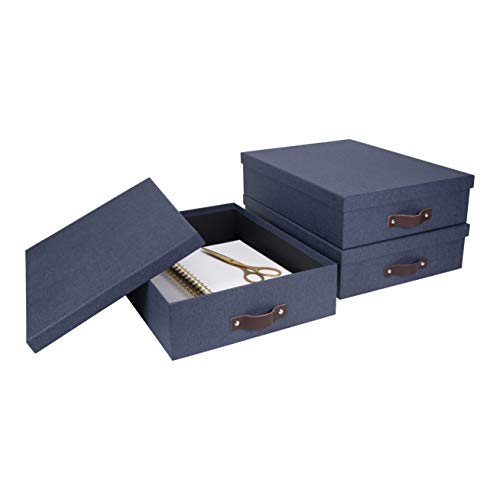 Bigso Oskar Canvas Fiberboard Document Letter Box | File Organizer Document Box For Important Paperwork | Document Storage Box With A Lid & Leather Handle | 3.3″X10.2″X13.8″ | Blue #TOP5
