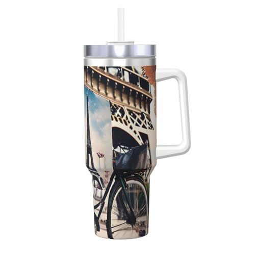 WOPQS Romantischer Paris Eiffelturm Fahrrad 1,2 l Ice Bully mit Griff, Edelstahl, wiederverwendbar, isoliert, für den täglichen Gebrauch im Haushalt