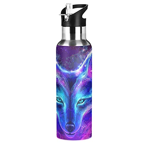 Wolf Water Bottle Wolf Cups Galaxy Water Bottle for Kids Girls with Straw Lid Wolves Thermos Insulated Stainless Steel Water Flask Sport Gym 20 oz