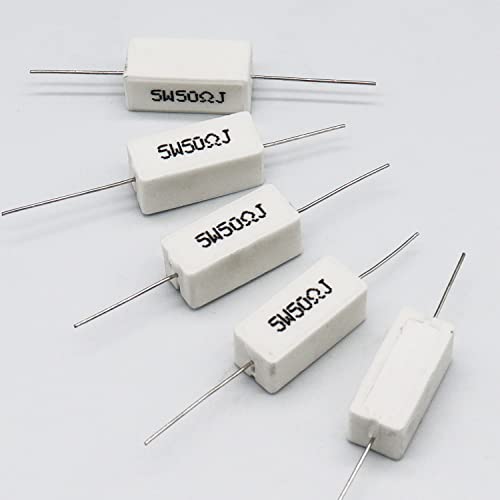 Cement Resistor,10 PCS 5W 50 Ohm 5% Axial Lead Wire Resistor White Wound Fixed Ceramic Cement Resistors Wirewound Cement Power Resistors Flame Heat Moisture Resistance Precharge Horizontal Resistors