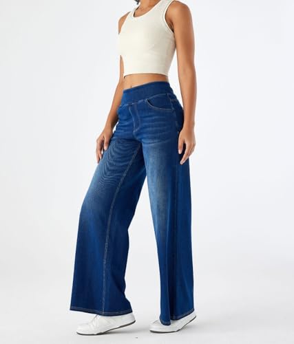 Yollmart Women Wide Leg Jeans Elastic High Waisted Pull On Baggy Denim Pants with Pocket4