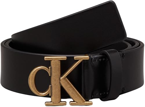 Calvin Klein Damen Gürtel Monogram Plaque Buckle 3,0 cm Ledergürtel, Schwarz (Black/Tumbled Gold), 125 cm – Ansicht 3