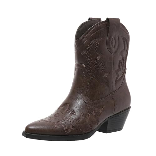 Women's Cowboy Mid Calf Western Boots Embroidered Pointed Toe Chunky Block Heel Pull on Block Heels Pattern Western Cowboy Boots