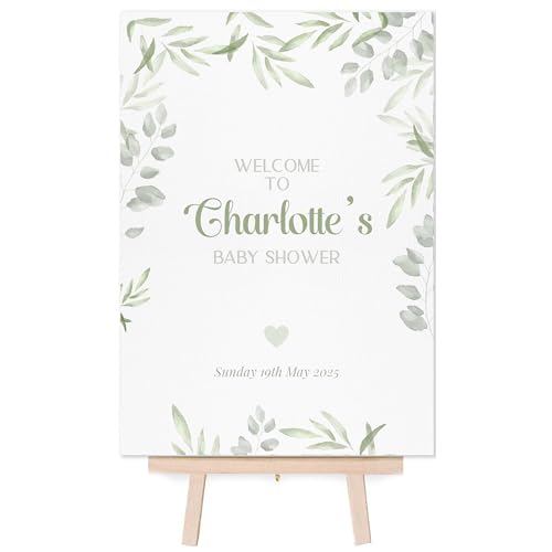 Personalised Baby Shower Welcome Sign Poster - Green Neutral Baby Shower Decor (GG2) (A4 Sign With Easel)