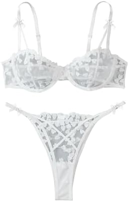 Lilosy Sexy Underwire Cute Push Up Strappy Embroidered Mesh Sheer Lingerie Set See Through Panty Bra