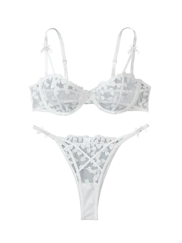 Image of Lilosy Sexy Underwire Cute Push Up Strappy Embroidered Mesh Sheer Lingerie Set See Through Panty Bra