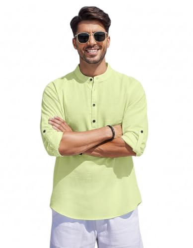 Image of Men's Cotton Blend Straight Kurta Shirt Combo with Mandarin Collar - Slim Fit Casual Short Kurti Set Featuring Textured Slub Fabric and Roll-Up Full Sleeves