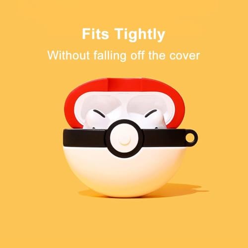 Image of Meyaar Earphone Case Cover Compatible for Realme Buds T300, Soft Silicone Skin Case Cover Shock-Absorbing Protective Case with Keychain (Front LED Visible) (Poke-Ball)