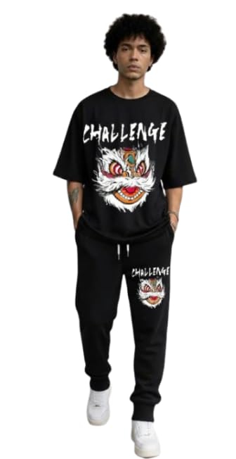 Challenge Graphic Print Tracksuit Set for Men and Boys, Black Oversized T-Shirt and Joggers, Dragon Design-image-36