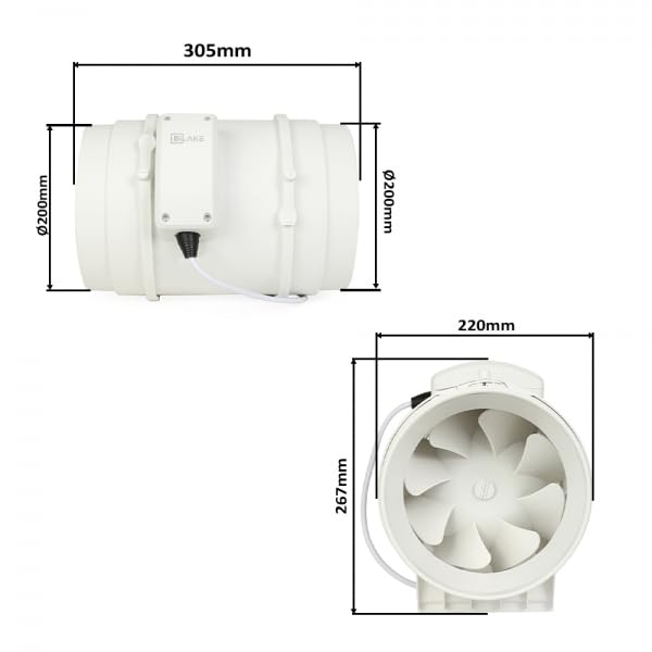 Extractor de aire en línea Bilake para conducto circular/tubular de 200mm 95/120W