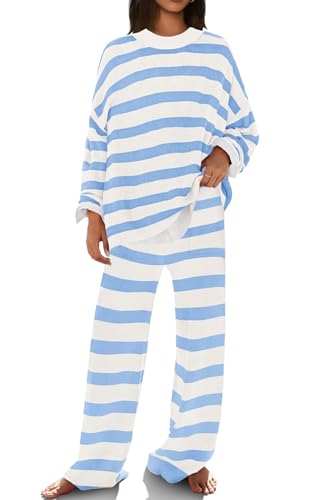 Image of SENSERISE Womens Striped Set Sweater Lounge Sets Matching Fall Outfits Long Sleeve Tops and Pants with Pockets