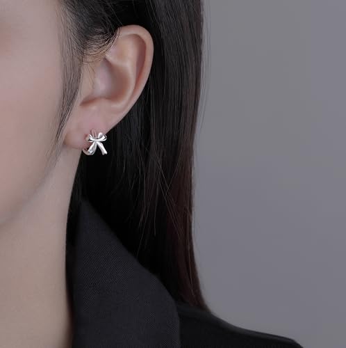 SLUYNZ Sterling Silver Small Bow Hoop Earrings for Women Teens Bow Ribbon Earrings Bowknot Huggie Earrings2