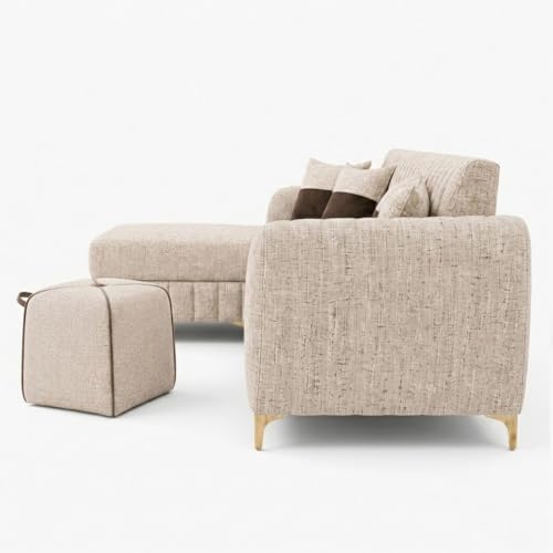 Image of CASASTYLE Signature Velour 4-Seater L-Shape Sofa Set with Movable Ottoman & Suri Pouf | Flexible LHS /RHS Layout | Boucle Weave Fabric | 40D Foam + Zigzag Spring | 3-Yr Warranty (Sandstone Beige)