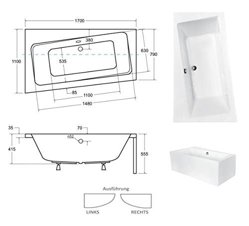ECOLAM Badewanne Infinity Trapezwanne Eckwanne für Zwei mit Abfluss mittig 170x110 cm LINKS + Schürze aus Acryl + 2 x Kopfstütze Ab- und Überlauf Automatik Füße Silikon Komplett-Set – Bild 8