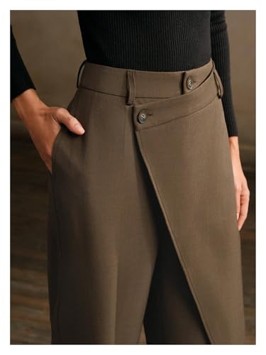 Women Casual Solid Color Asymmetrical Drape Straight Leg Office Pants Work Pants3