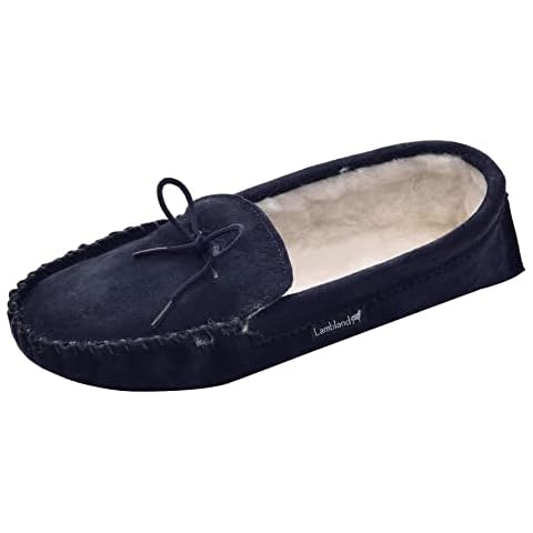 Lambland Women's UK Made Luxury Sheepskin Suede and Wool Lined Premium Moccasin Slippers Ladies Hard Sole Moccasins (Blue, uk_footwear_size_system, adult, women, numeric, medium, numeric_6) Cover