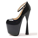 Vujkliy Women's High Heels Chunky Heel Platform Round Toe Pump Buckle Shoes Sexy Nightclub Banquet 19Cm/7.4 in Large Size Black White Shoes,Black,17